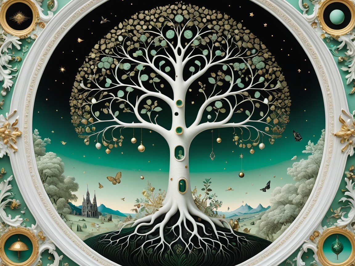 Stylized Tree with Golden Ornaments on Teal Background