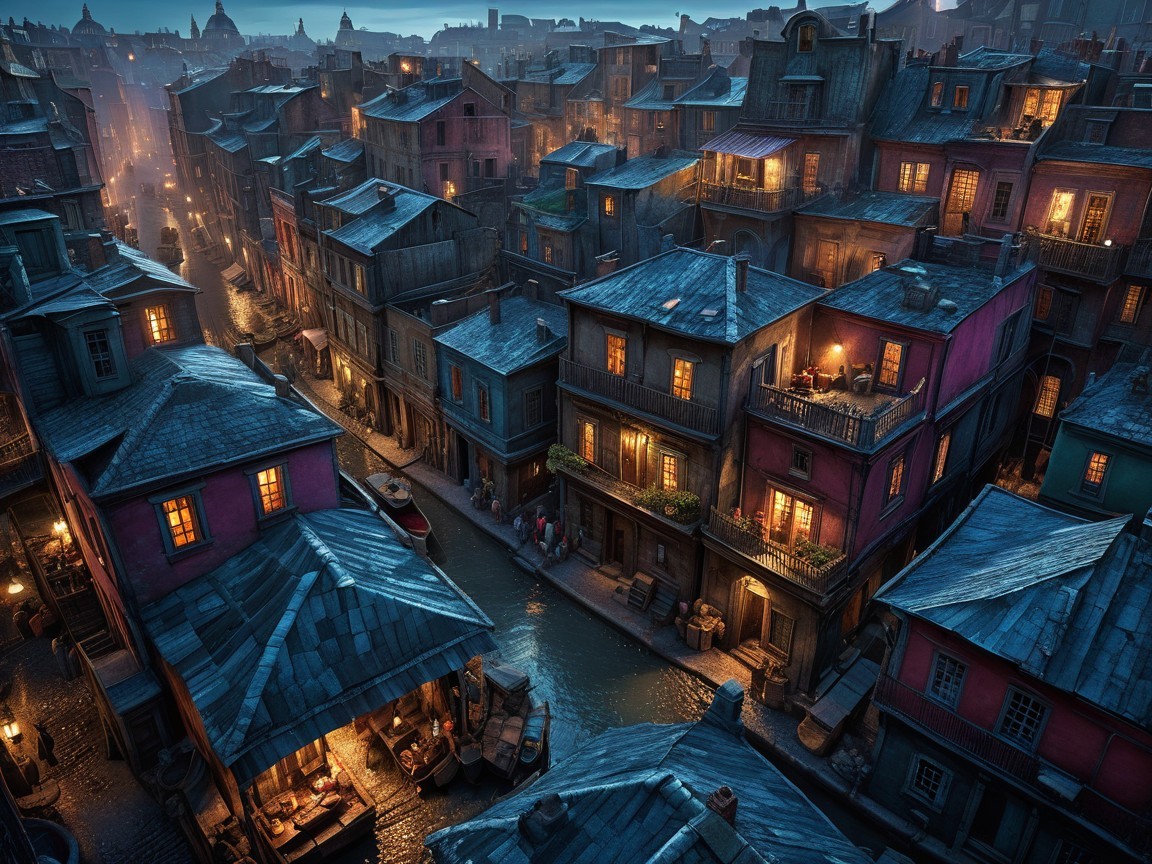 Charming Night Scene of Colorful Houses on a Street