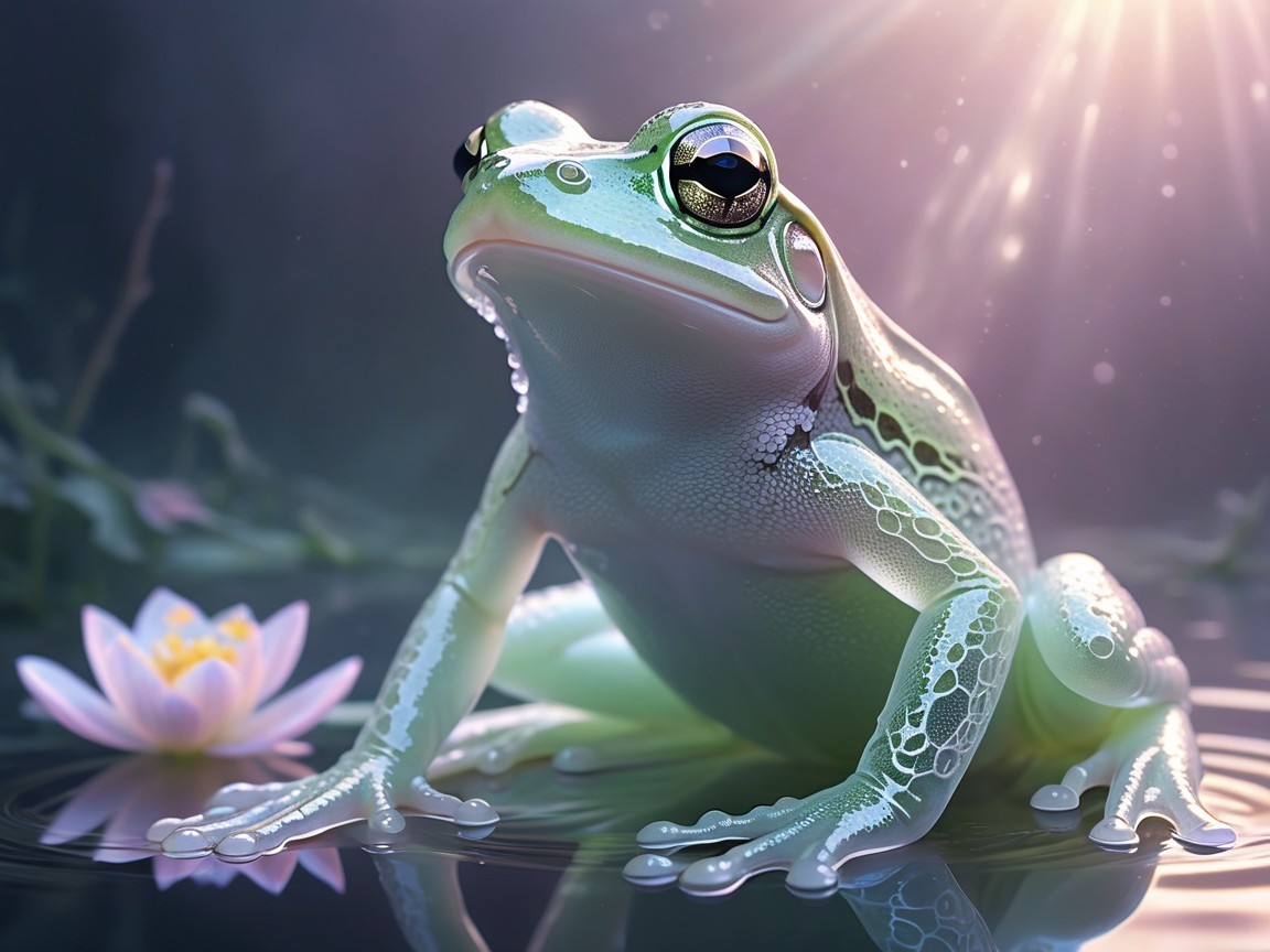 Glossy Green Frog on Lily Pad with Pink Lotus Flower