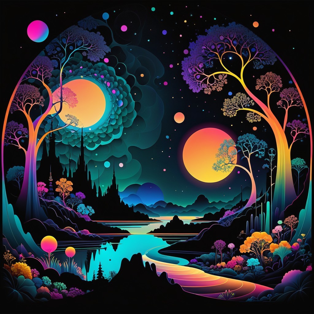 Surreal Nighttime Landscape with Colorful Elements