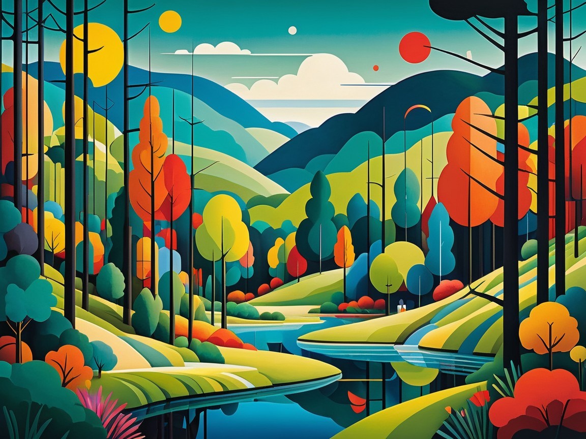 Vibrant Forest Landscape with Colorful Foliage and River