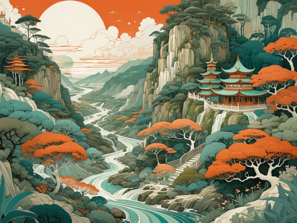 Serene Landscape with Mountains, River, and Pagoda