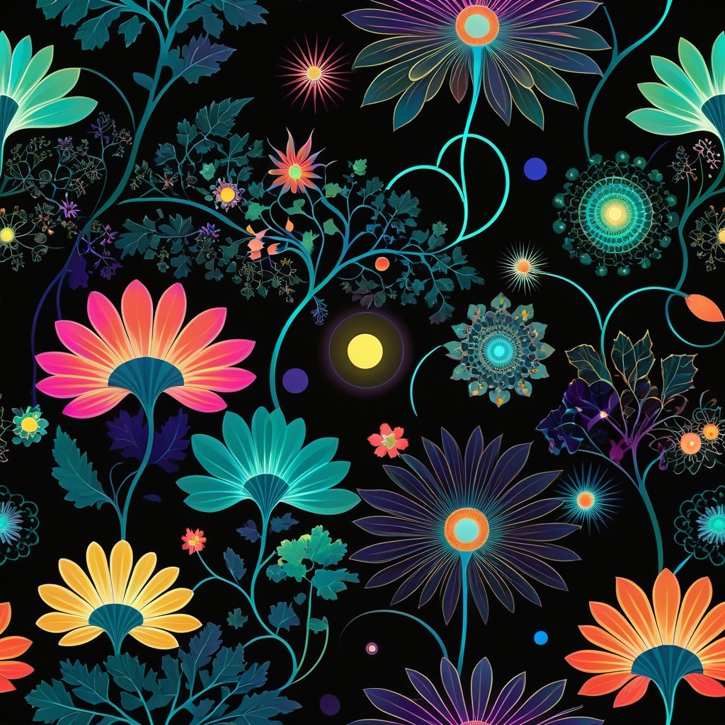 Vibrant Floral Pattern on Black Background