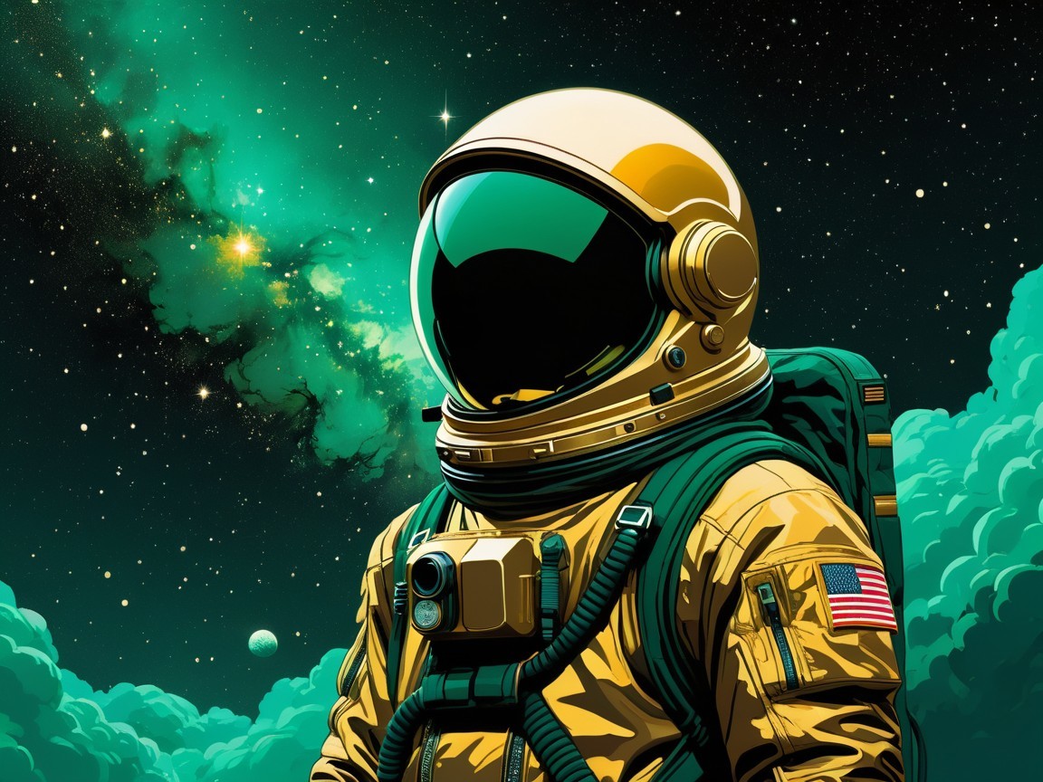 Futuristic Astronaut in Golden Suit Against Galaxies