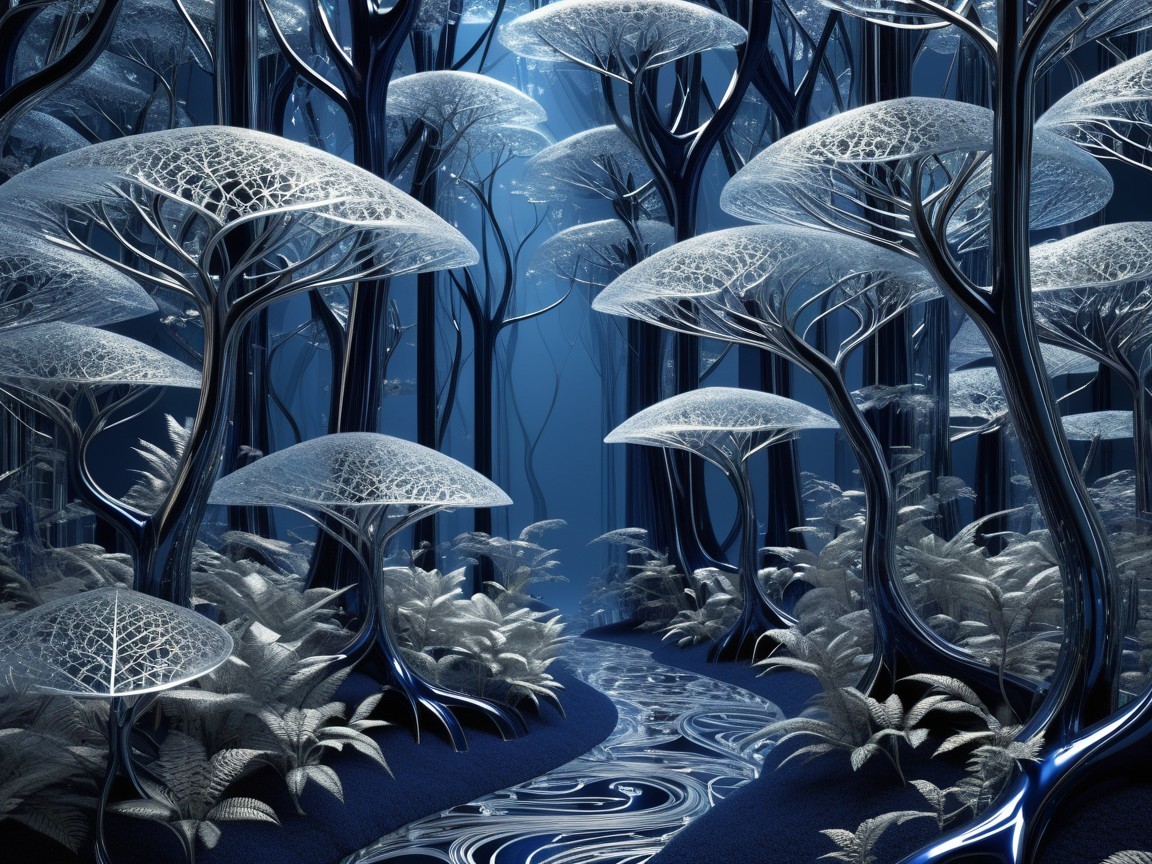 Surreal Forest Scene with Glowing Lace Canopies