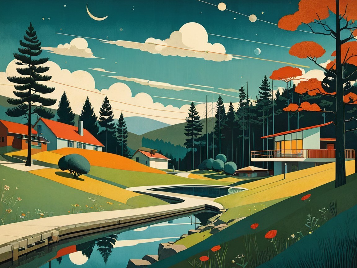 Serene Landscape with Modern and Traditional Architecture