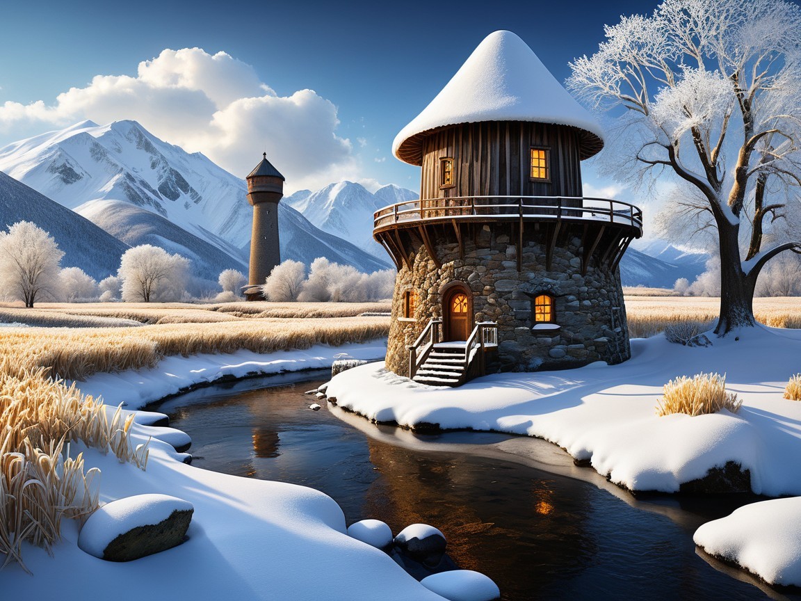 Winter Landscape with Tower House and Snowy Mountains