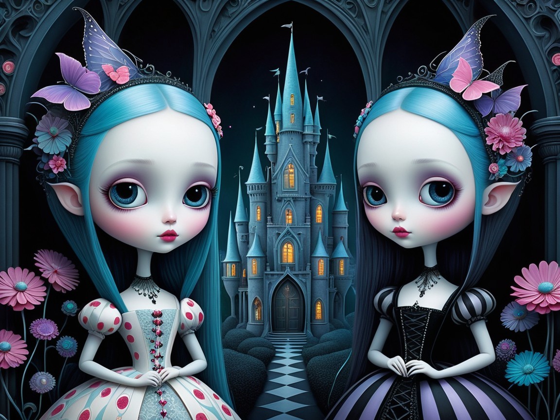 Whimsical Doll Figures in Enchanted Garden Setting