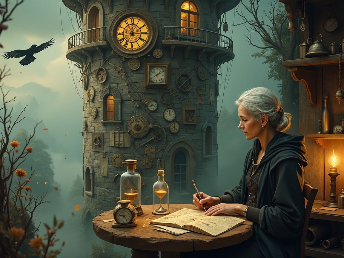 Elderly Woman Writing in Mystical Clocktower Setting