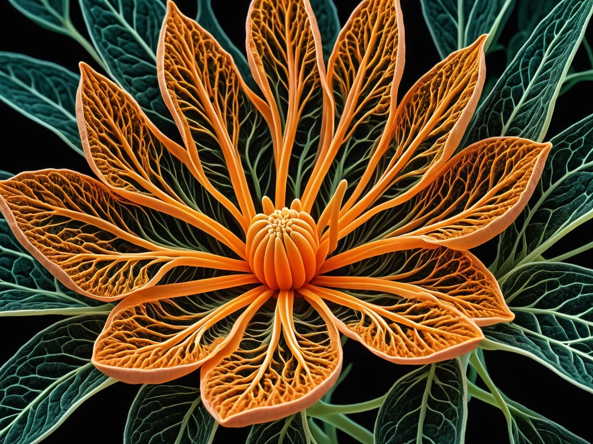 Detailed Orange Flower with Green Leaves and Veins