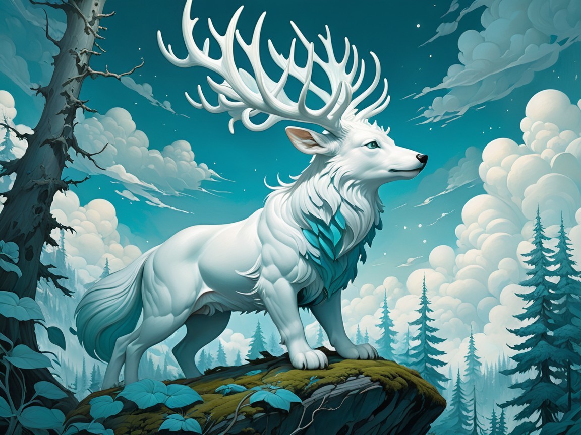 Majestic white stag on rocky outcrop in misty forest