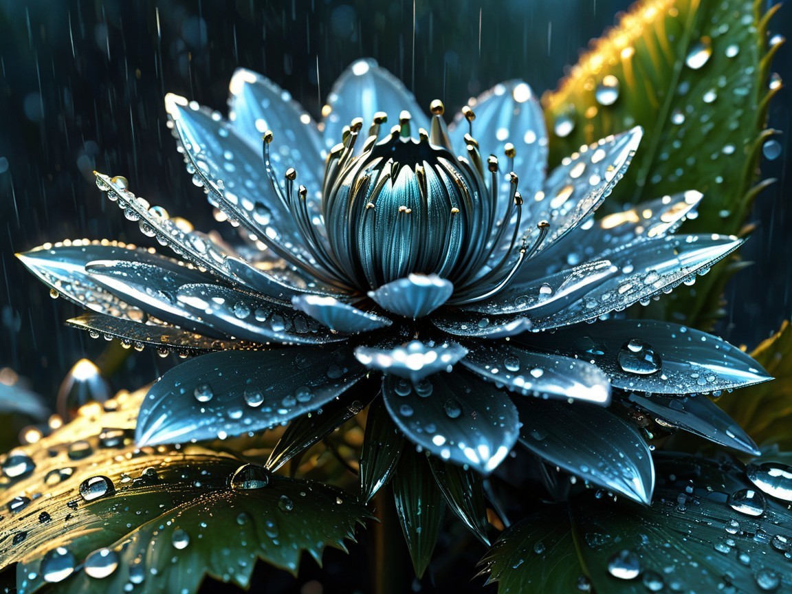 Blue Water Lily with Raindrops in Tranquil Setting