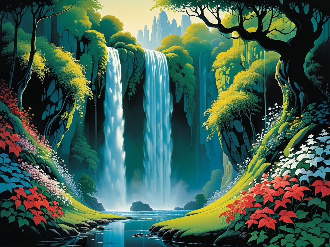 Vibrant Landscape with Waterfall and Lush Greenery