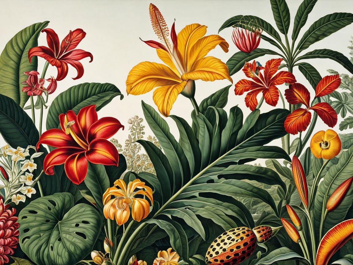 Vibrant Tropical Flora with Exotic Flowers and Leaves