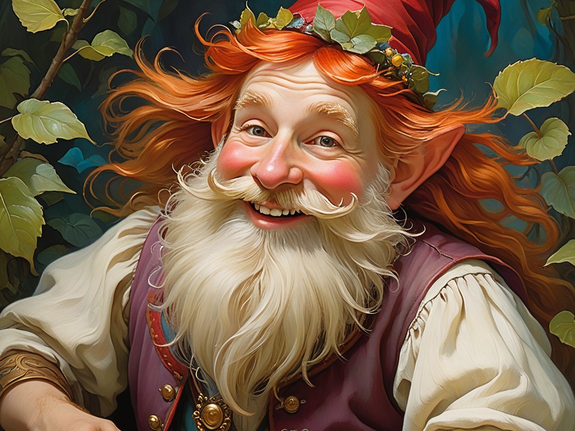 Cheerful gnome in colorful outfit in magical forest