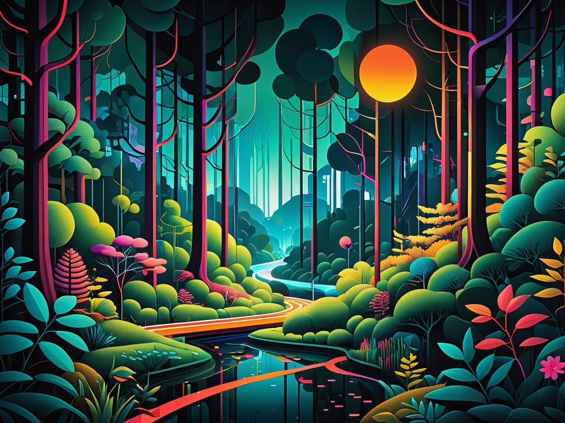 Vibrant Abstract Forest Artwork with Colorful Elements