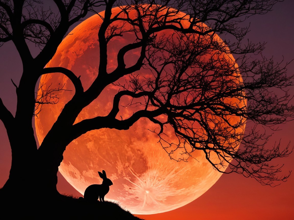 Lone Rabbit Silhouette Against Full Moon Landscape