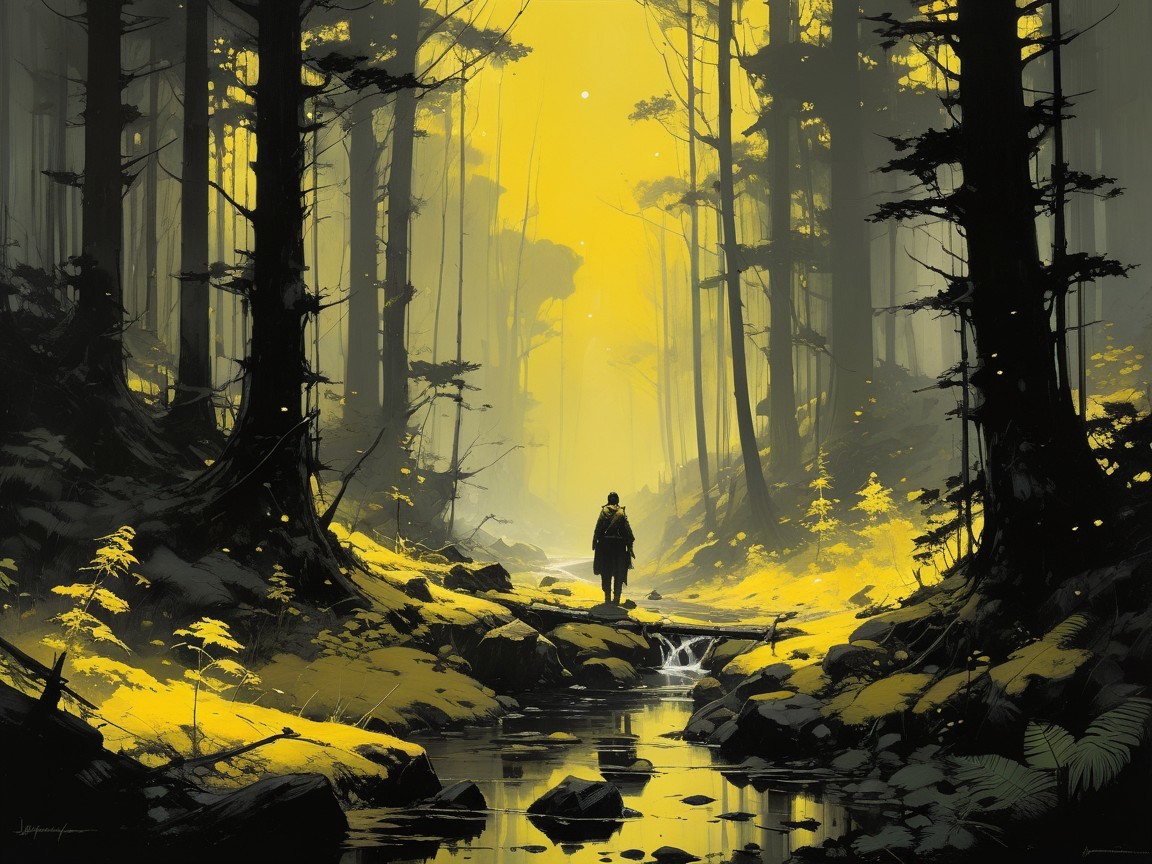 Lone Figure in Serene Forest with Ethereal Light