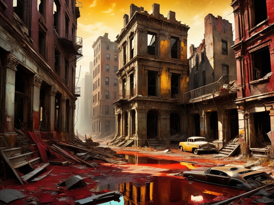 Abandoned Urban Street with Decaying Buildings and Vehicles