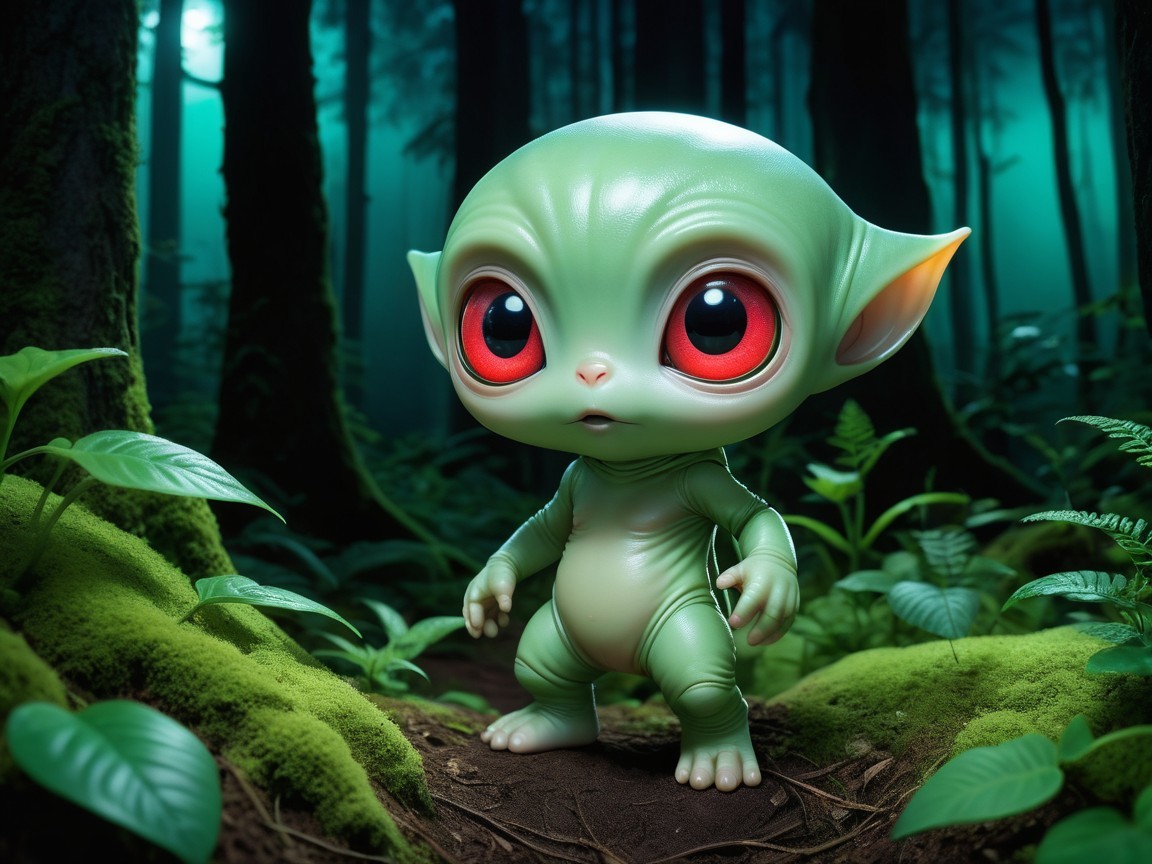 Whimsical Alien Creature in Lush Green Forest