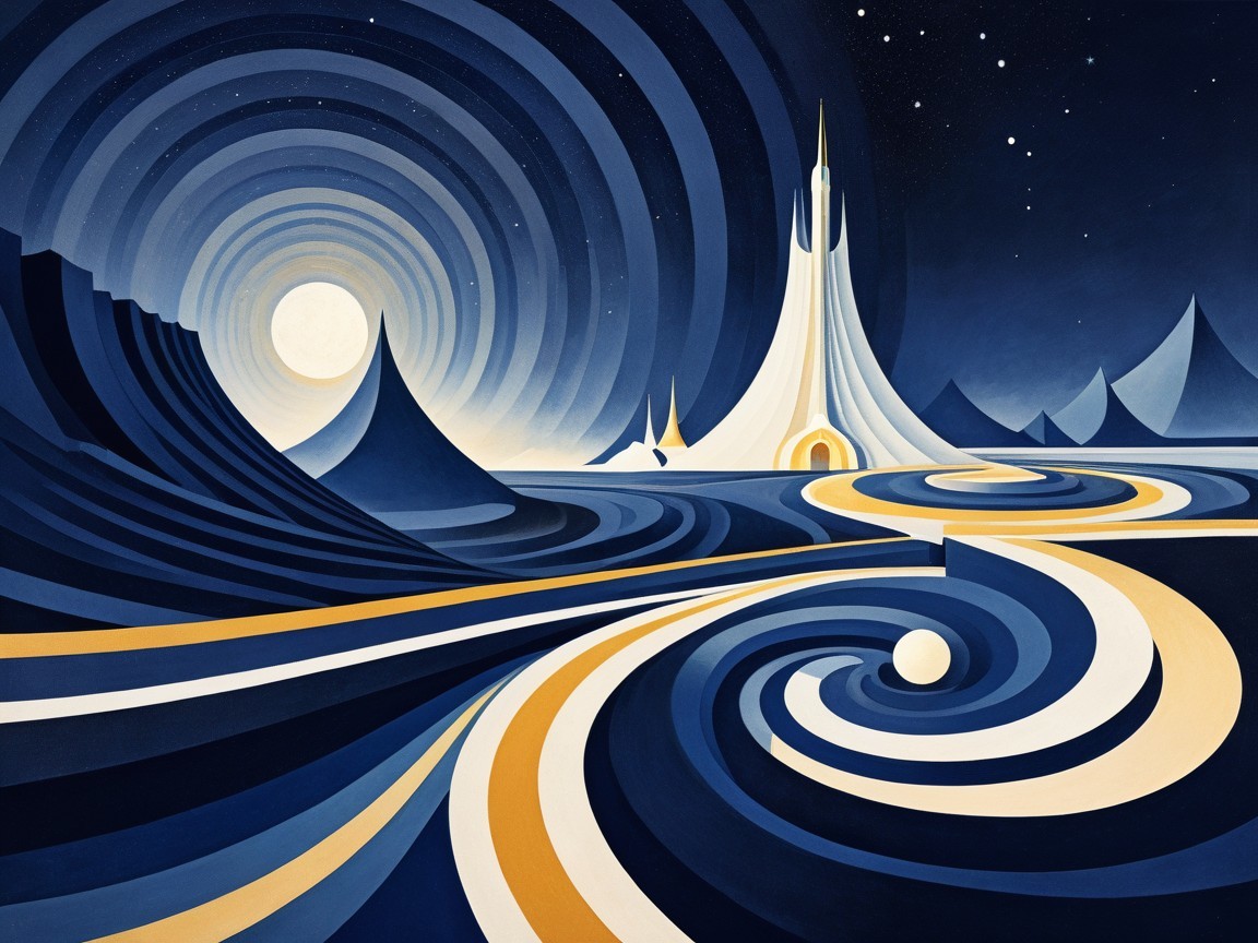 Abstract Landscape with Waves, Mountains, and Tower