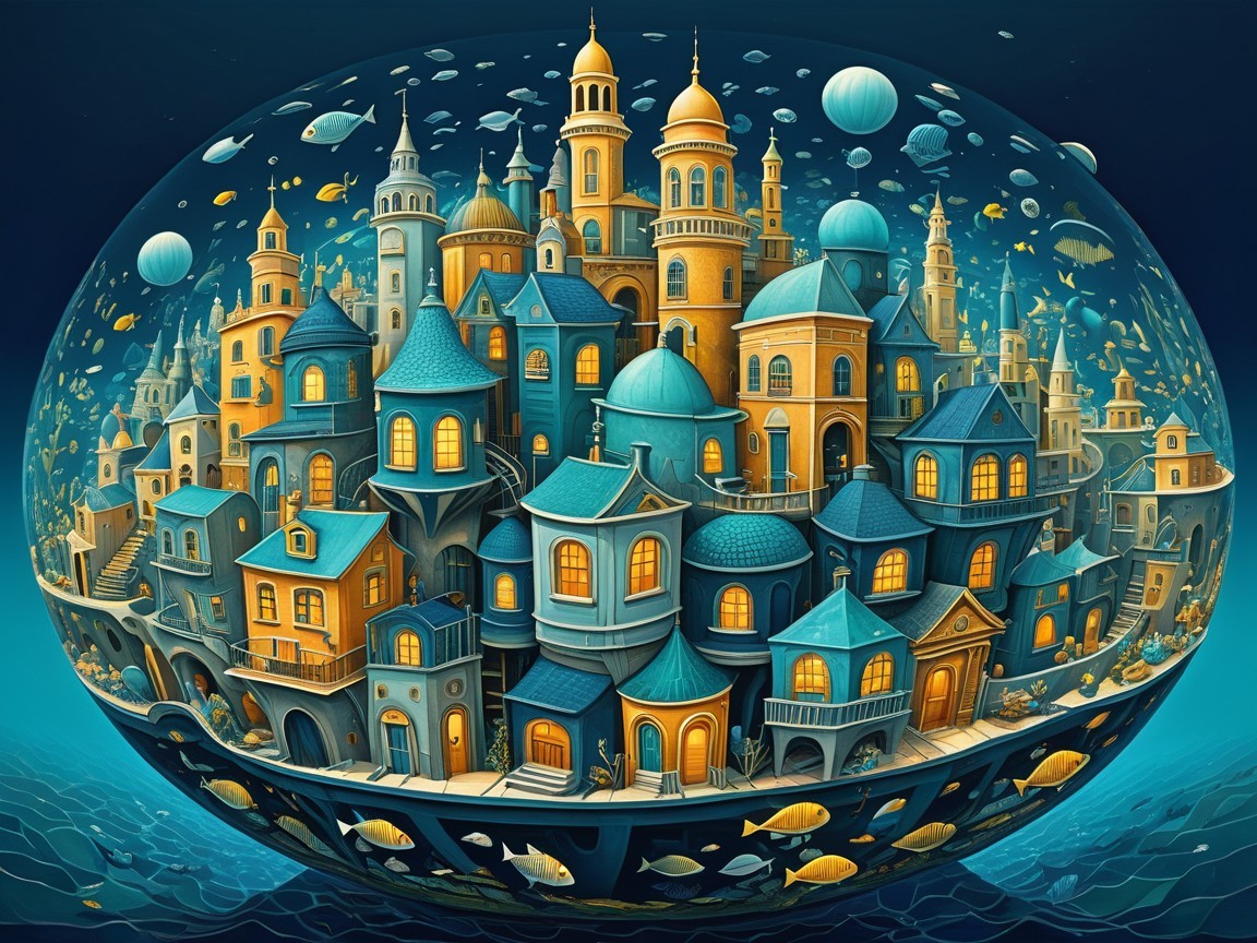 Underwater City with Transparent Dome and Colorful Fish