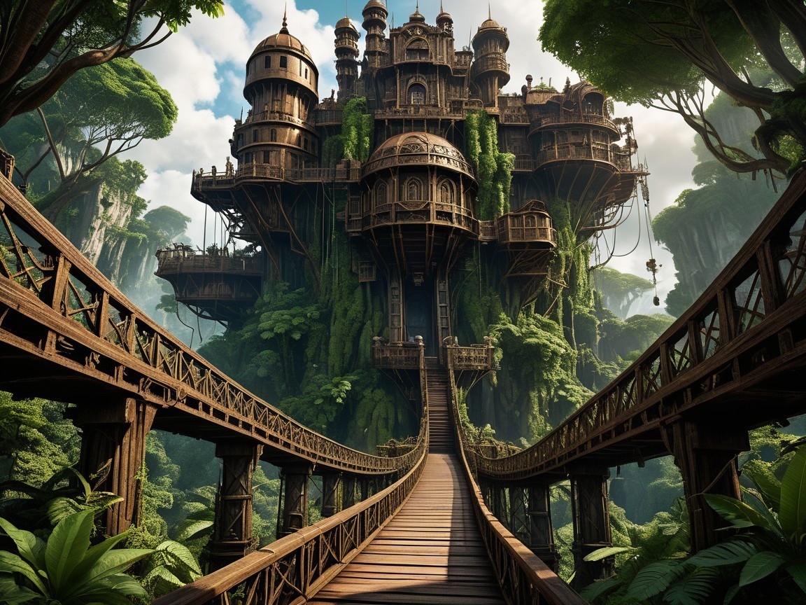 Majestic Treehouse Castle Surrounded by Lush Foliage