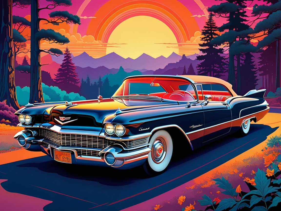 Vintage Cadillac on Winding Road at Sunset