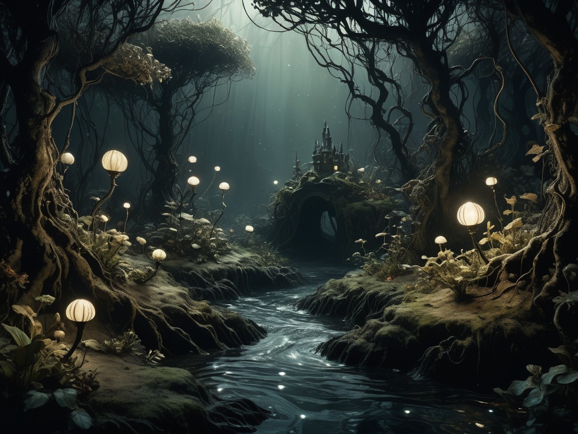 Mystical forest with glowing fungi and a castle