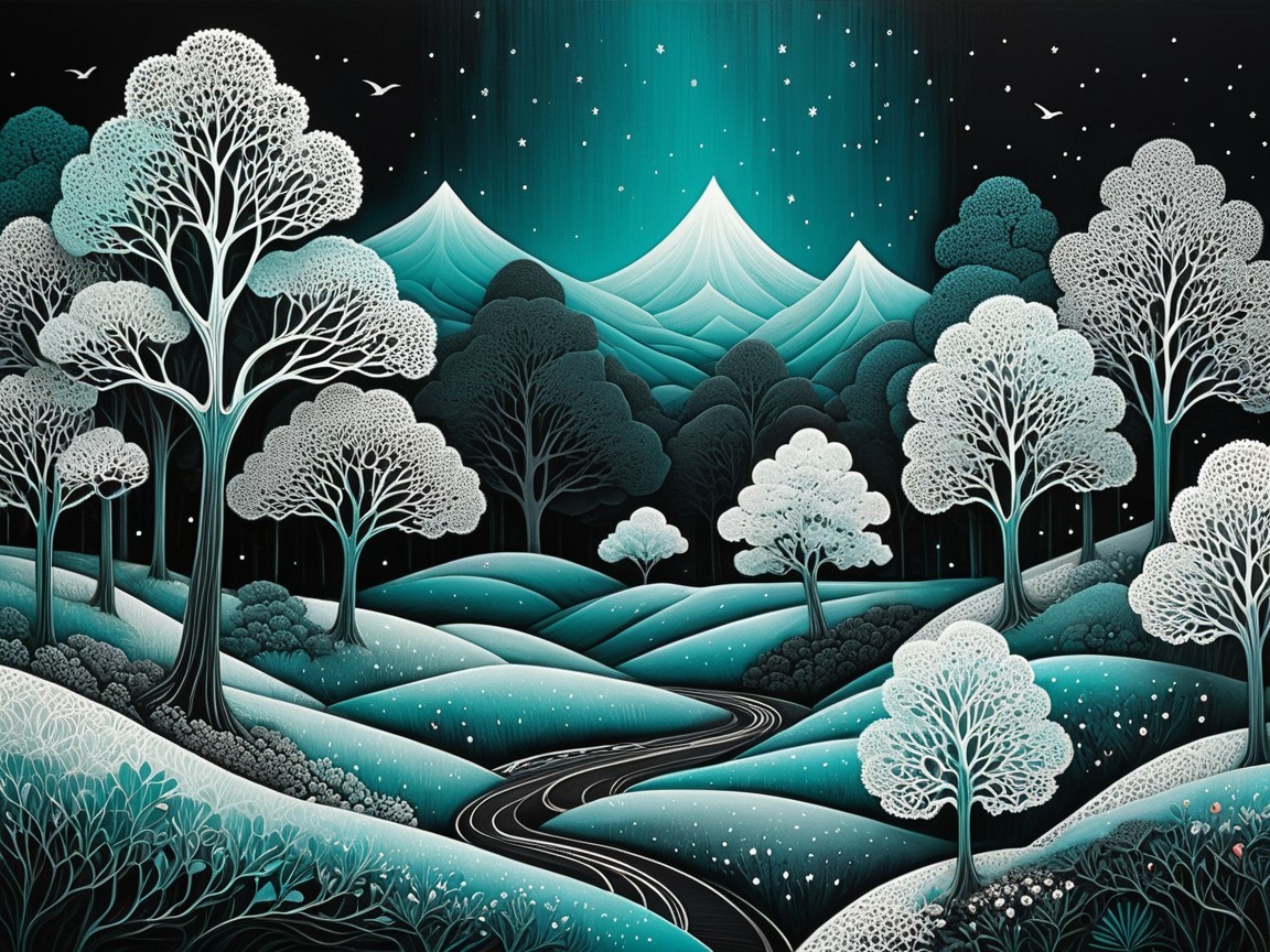 Serene Landscape with Stylized Trees and Mountains