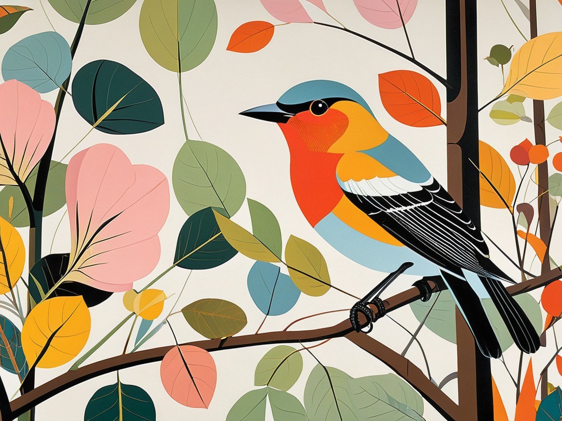 Colorful Bird and Stylized Leaves Illustration