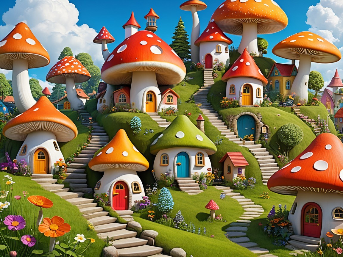 Whimsical Landscape with Oversized Colorful Mushrooms