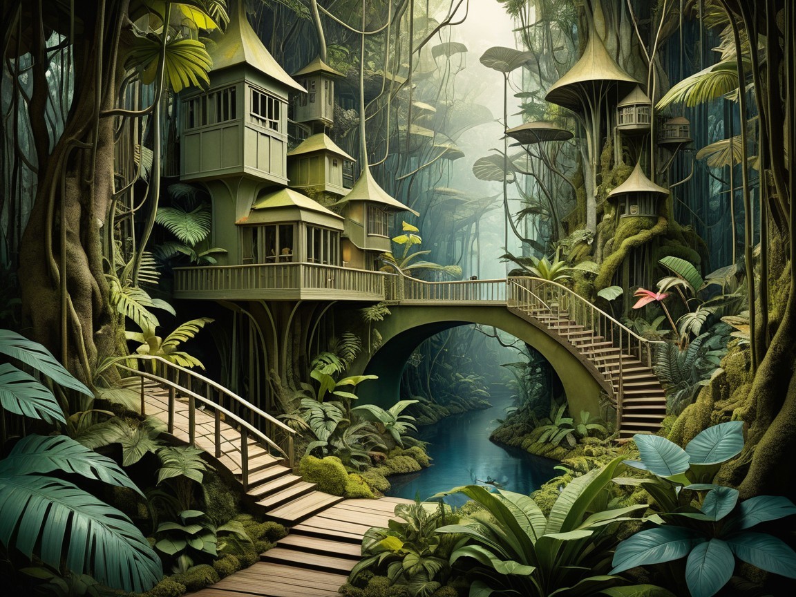 Intricate Treehouse Village in a Lush Jungle Setting