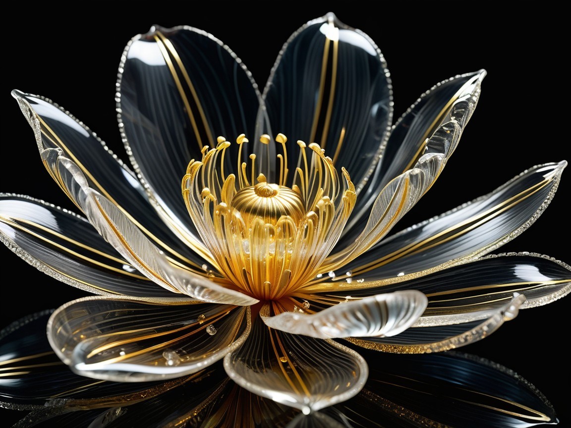 Glass Lotus Flower Sculpture with Gold and Silver Details
