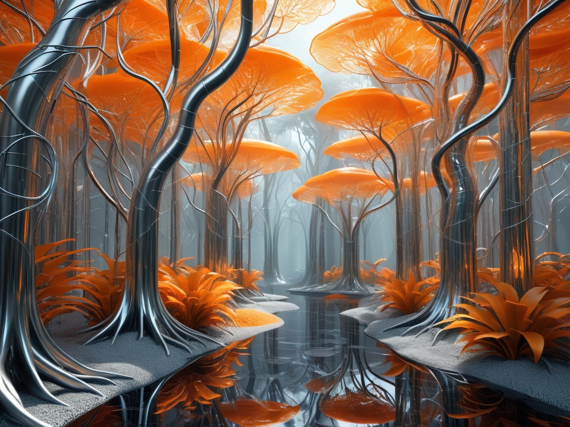 Surreal Forest with Metallic Trees and Misty Waterway