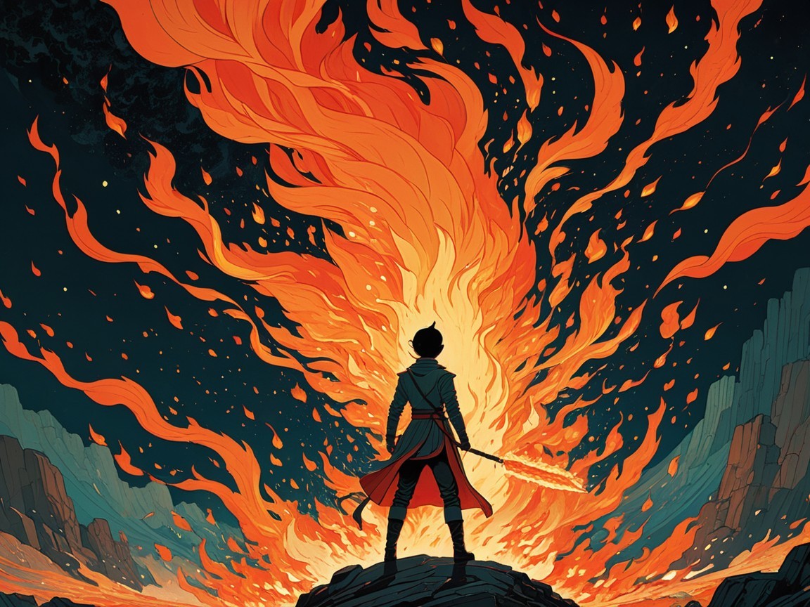 Silhouetted Figure Facing Vibrant Flames at Night