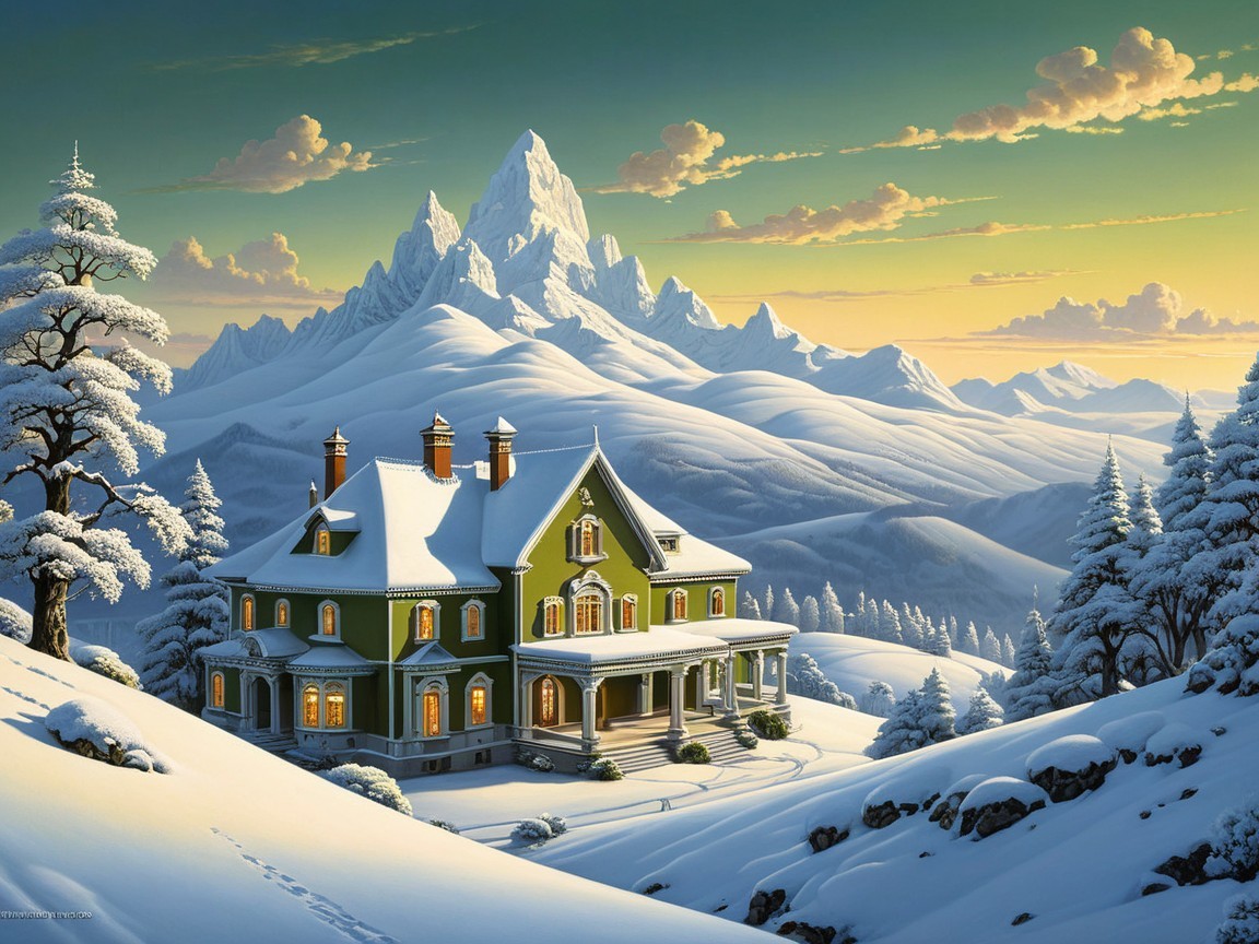 Charming Green Mansion in Serene Winter Landscape
