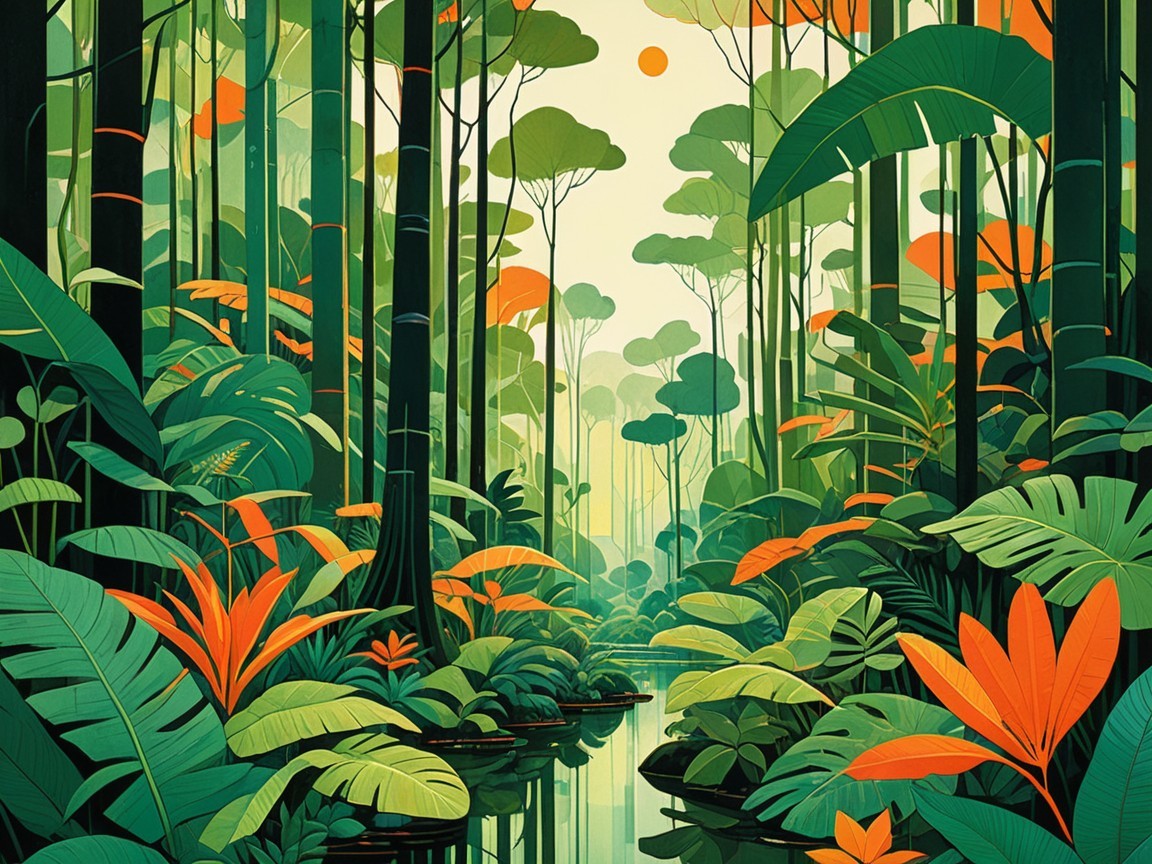 Lush jungle scene with vibrant foliage and stream