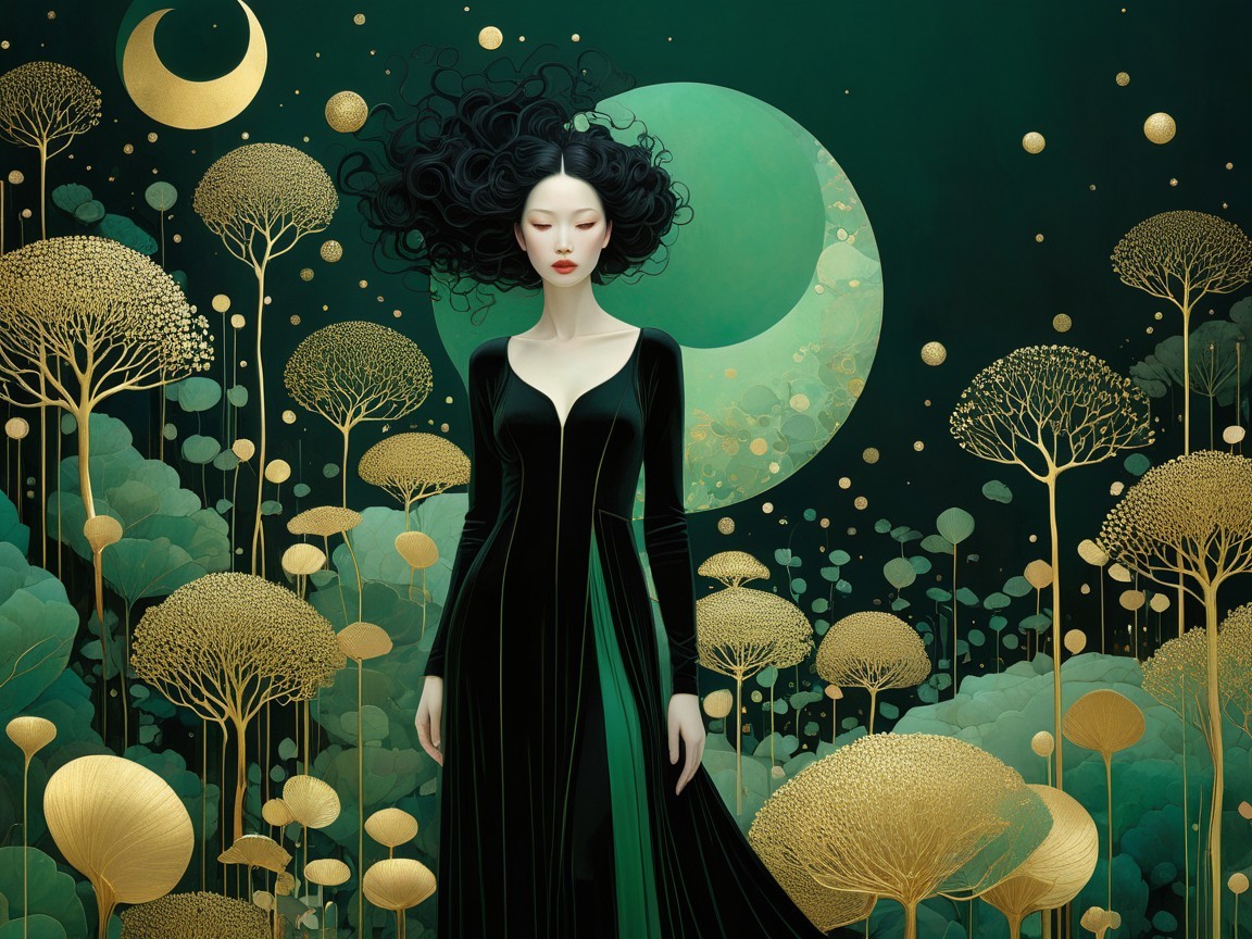 Serene woman in black dress among whimsical trees