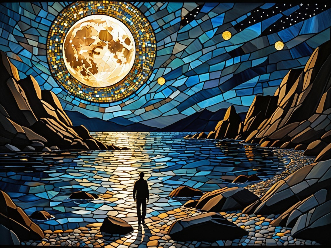 Stained Glass Night Landscape with Moon and Water
