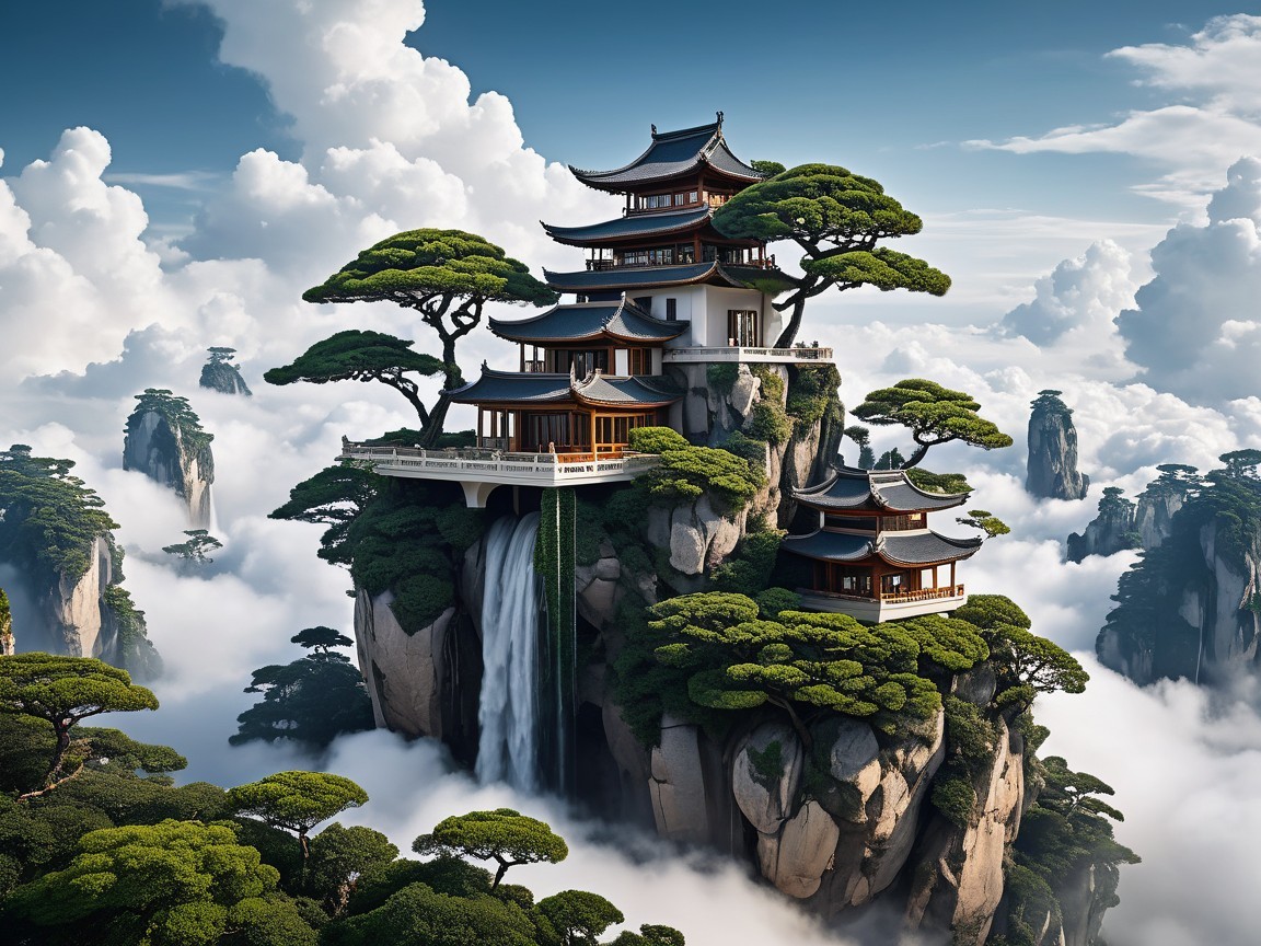 Majestic Pagoda on Rocky Outcrop with Waterfalls