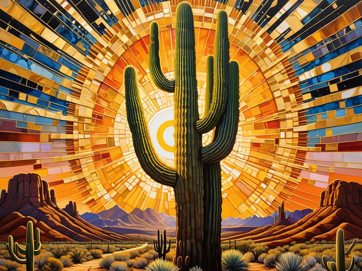 Vibrant Desert Scene with Saguaro Cactus and Sunrise