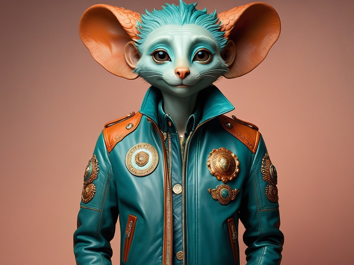 Vibrant Blue Character in Teal Leather Jacket