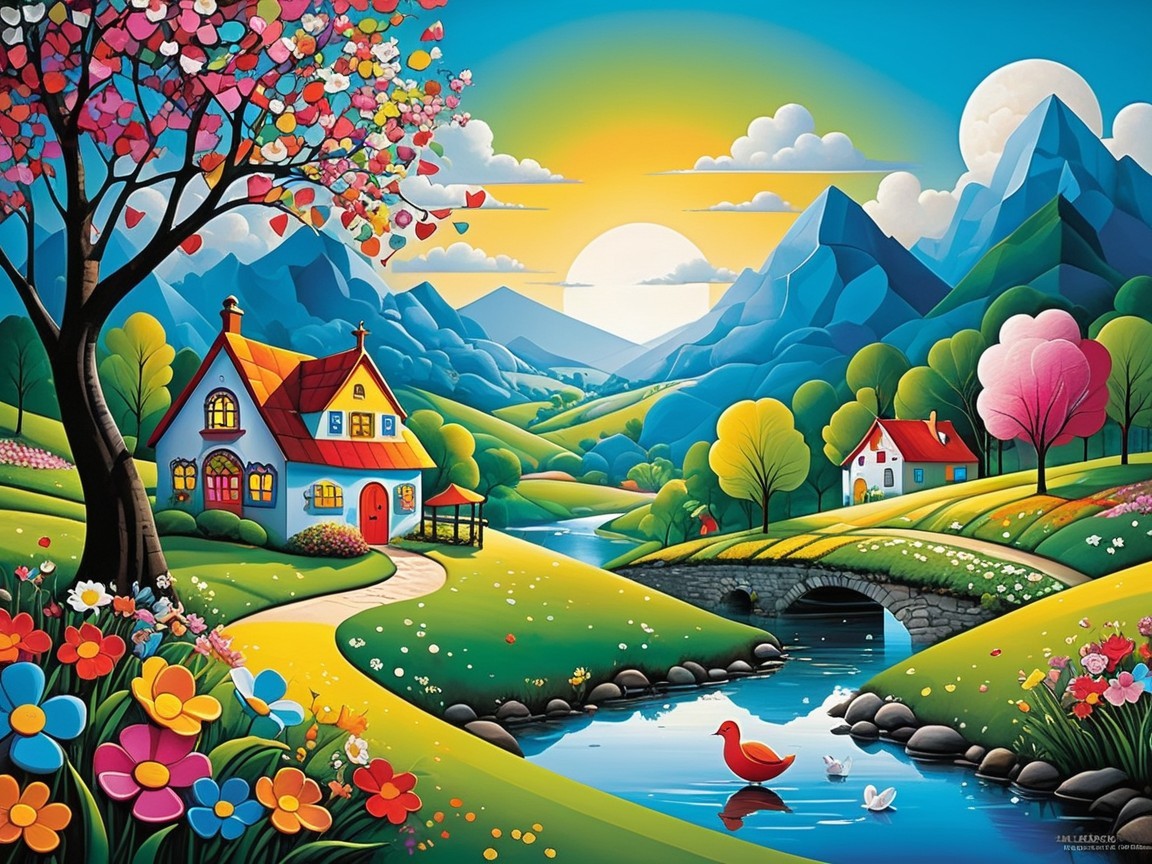 Idyllic Landscape with Rolling Hills and River Scene