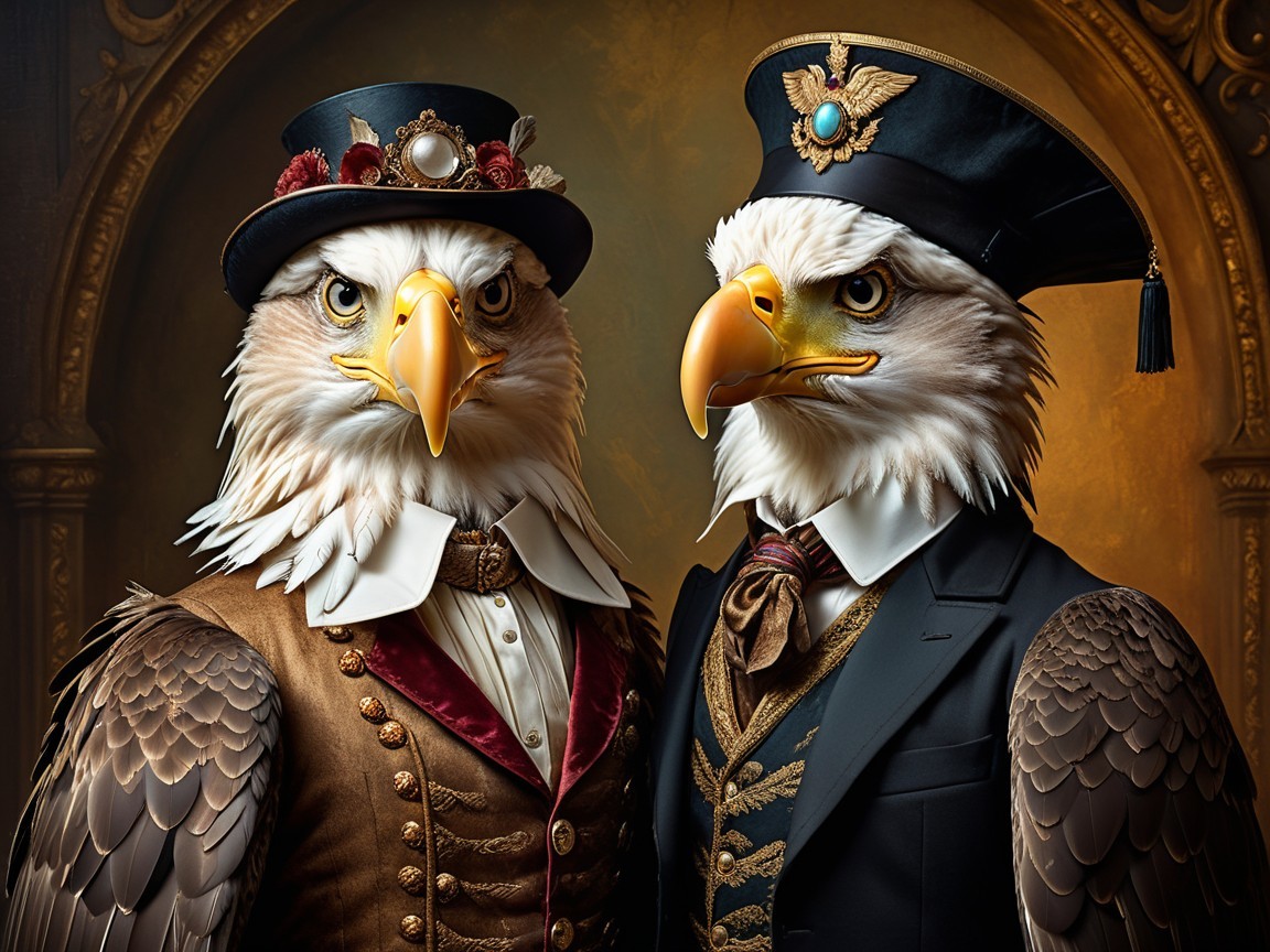 Eagles in Elegant Attire with Detailed Backdrop