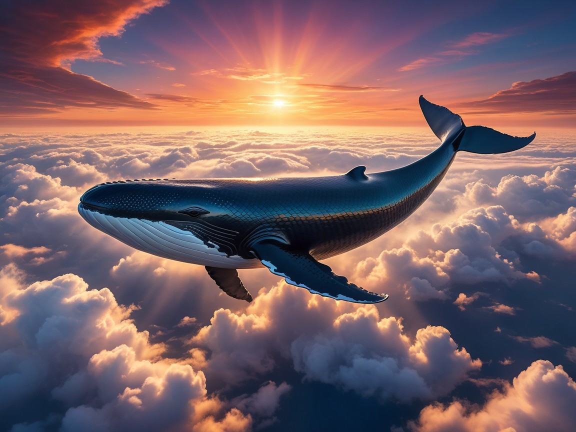 Blue Whale in Sunset Sky with Colorful Clouds