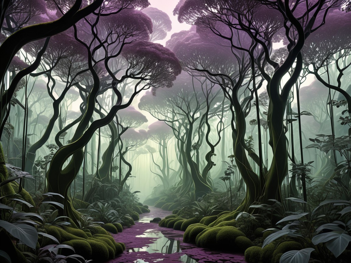 Fantastical forest with purple foliage and misty creek
