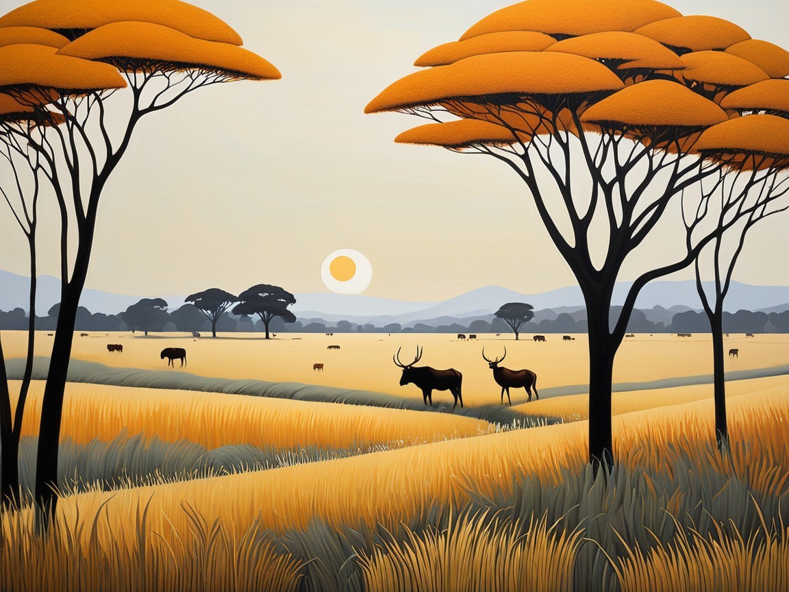 Serene Landscape with Golden Fields and Sunset Glow