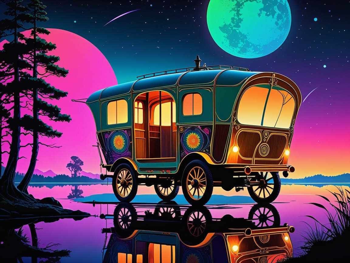 Colorful Caravan by Tranquil Lake with Moons