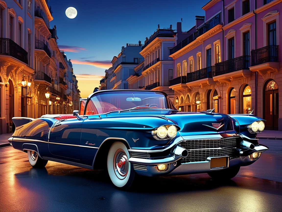 Vintage Blue Convertible on Illuminated Twilight Street